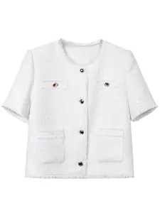 Women's Solid Color Tweed Open Front Crop Jacket, Elegant Fashion Casual Fringe Trim Short Sleeve Outerwear for Daily Outdoor Wear, Ladies Clothes for Spring & Fall, Coats