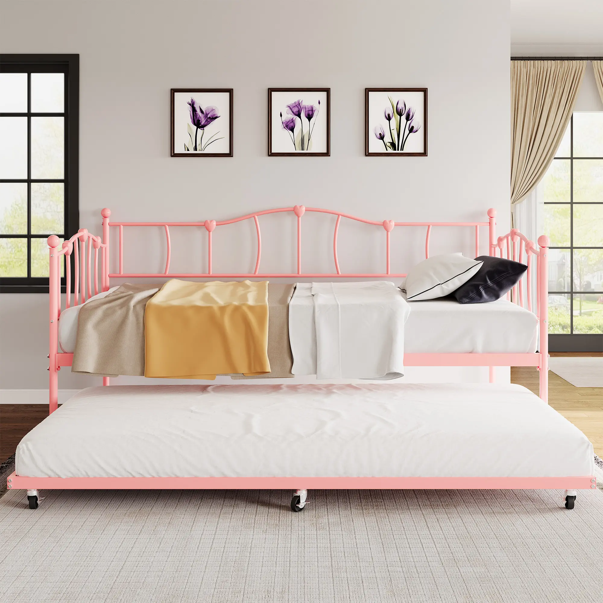 Heart Pattern Metal Sofa Bed, Twin Frame with Pull-out Trundle, Stable Steel Slats and Noise-free Build, Compact Design with Easy Installation for Home Indoor Spaces