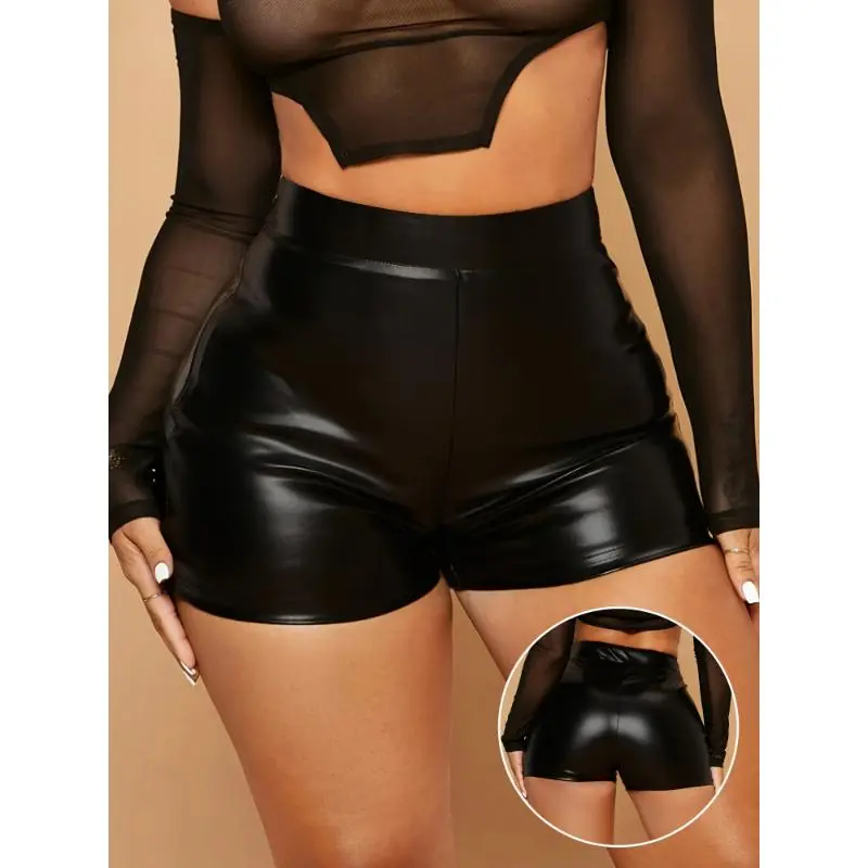 Women's High-Waisted Black PU Leather Sports Shorts - Stretchy, Comfortable Skinny Shape Bottoms with Short Length, Ideal for Casual Wear & Special Occasions, Black Shorts