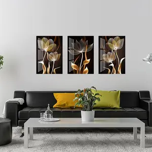 3pcs Elegant Black and Golden Abstract Flower Canvas Art, 39.88x59.94cm - Frameless Modern Wall Decor for Living Room, Luxury Home Art Posters, Indoor Use, Modern Home Decoration, Floral Abstract Design, Canvas Wall Art