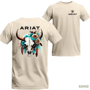 Ariat Sand T-Shirt - Western Bull Skull Graphic with Floral & Feather Accents - Unisex Relaxed Fit Short Sleeve - 100% Cotton Casual Cowboy Style Gift for Men Women