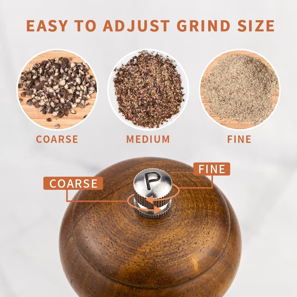 2-Piece 8-Inch Oak Wood Rustic Kitchen Salt and Pepper Grinder Set - Adjustable Ceramic Rotor Mill, Coarse-to-Fine Settings, Cover-Included for BBQ Use
