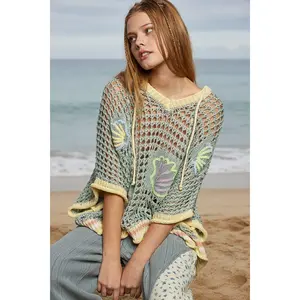 POL Clothing See Through Oversized Crochet Hoodie Top with Seashell Motifs