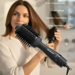 Aibesser 4-in-1 Dual Voltage Hot Air Handle Volumizer Hair Dryer Straightener Curler with Ceramic Tourmaline Ionic Curling Brush Lightweight Plug，Dryer/Curler/Straightener/Scalp Massager, Anti-Scald Bristles, Intelligent Heat Control, Cold & Hot Air Cycle