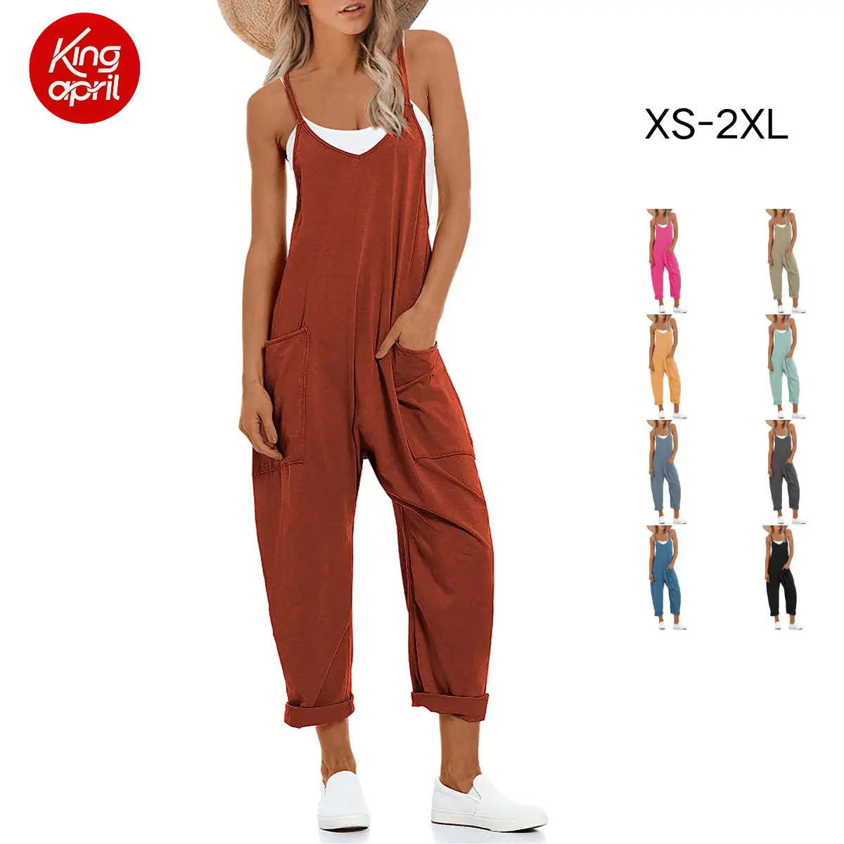 Kingapril Women's Causal Jumpsuits V Neck Sleeveless Harem Overalls Stretchy Adjustable Strap Romper with Pockets in Various Colors  SummerVibes
