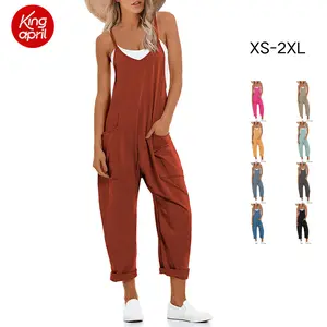 Kingapril Women's Causal Jumpsuits V Neck Sleeveless Harem Overalls Stretchy Adjustable Strap Romper with Pockets in Various Colors  SummerVibes