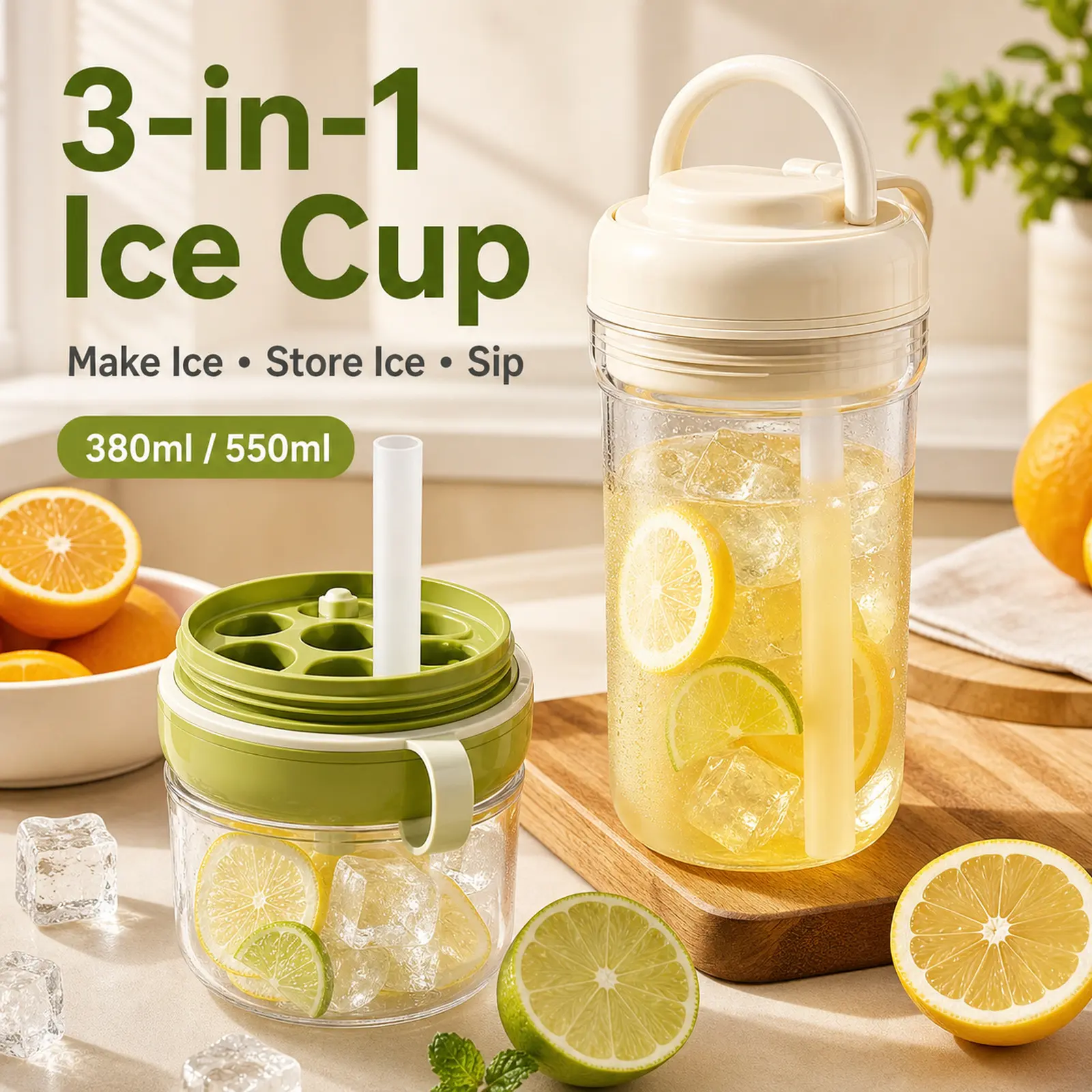 3-in-1 Ice Cube Cup, Portable Ice Tray Cup with Straw, Press Ice Release Drink Cup for Summer Iced Tea, Lemonade, Juice