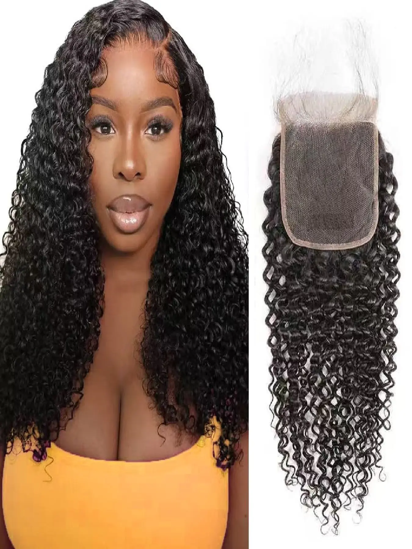 5x5 HD Lace Closure Human Hair Frontal Kinky Curly  Lace Closure Pre Plucked Free Part  Brazilian Human Hair Extensions  150% Density Natural Black
