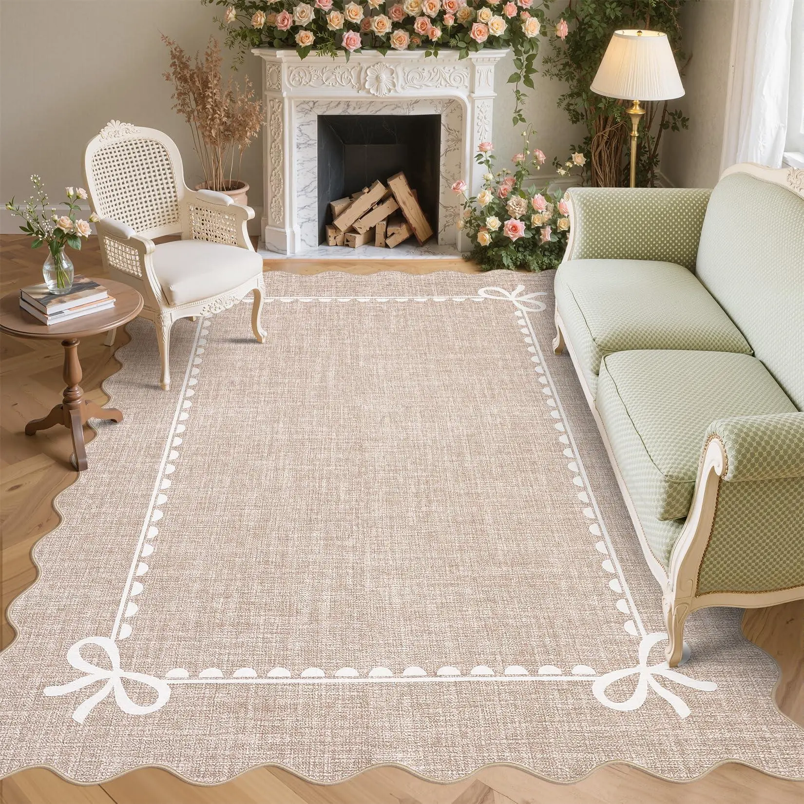 8x10 Scalloped Bow Rug for Living Room,Solid Camel Rug for Dorm,Washable Runner Rugs Soft Low Pile Non Slip Scalloped Rugs for Nursery Bedroom Decor Hallway Entryway Playroom
