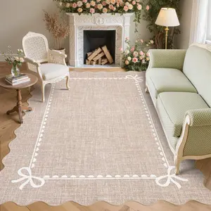 8x10 Scalloped Bow Rug for Living Room,Solid Camel Rug for Dorm,Washable Runner Rugs Soft Low Pile Non Slip Scalloped Rugs for Nursery Bedroom Decor Hallway Entryway Playroom