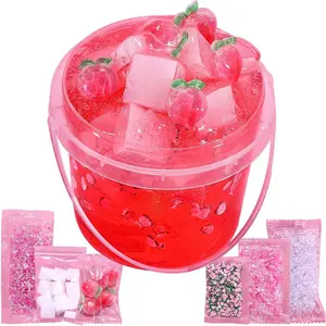 Premade Peach Pink Jelly Cube Glimmer Crunchy Crystal Slime, Includes 6 Sets of Add-ins, Sensory and Tactile Stimulation, Stress Relief, Party Favors for Girls & Boys