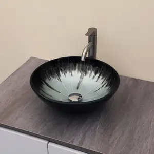 Logmey 16" Glass Bathroom Vessel Sink Vanity Countertop Round Bowl with Chrome Pop up Drain Set,Glass Art Basin,Grey-Black Gradient, Memorial day