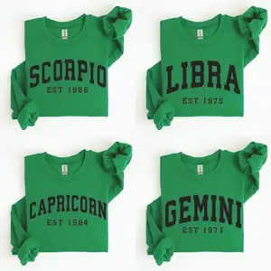 (Leave a comment or DM our store) Customized Zodiac Sports Shirt - Irish Green, Personalized Year Edition Astrology Hoodie, Neutral Round Neck, Cute Zodiac Birthday Gift, 2026 Celestial CostumeRAIMENTRY