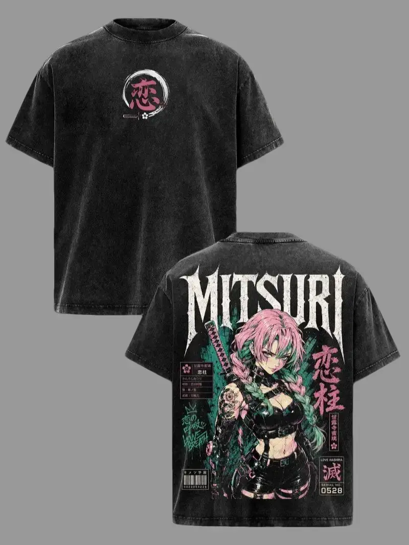Men's Short-Sleeve Mitsuri Kanroji Demon Slayer Oversized Washed Double-Sided Graphic Tee, Kimetsu No Yaiba Vintage Merch Casual Crewneck Streetwear