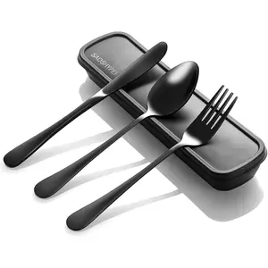 Portable 4pcs Stainless Steel Reusable Utensils Set with Case, Includes Fork Spoon Knife for Lunch Camping School Picnic Travel, Easy Clean Dishwasher Safe, Black