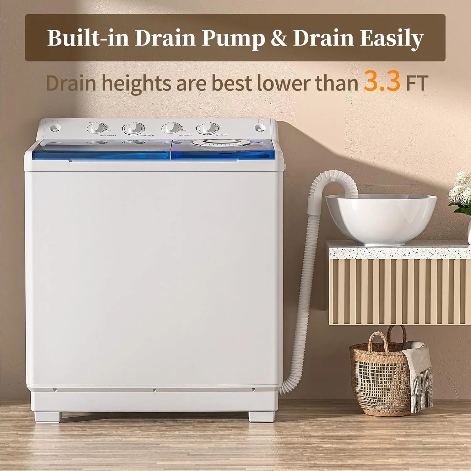 VCJ AU1150 Portable Washing Machine, Twin Tub Washing Machine Laundry Compact Washer spinner Combo with 40lbs capacity, 24Lbs Washer and 16Lbs Spinner dryer for Apartments RVs and Dorms