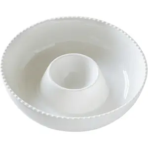 11'' Ceramic Chip and Dip Tray, Middle Size Divided Serving Set for Parties, Mixing Bowl Sets for Salsa, Snack, Veggies, Dumpling, Fruit, Salad, Fruit, Entertaining, Hosting, Ivory White