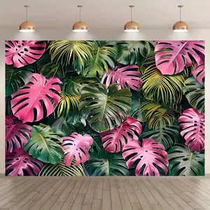Leaf Pattern Party Backdrop, 1 Count Pink Green Leaf Garden Party Banner Flag, Photo Props Background Cloth, Indoor & Outdoor Background Decoration, Ornaments