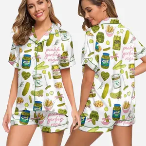 Pickle Print Satin Pajama Set for Women, Funny Food Sleepwear, Cute Pickle Lover Lounge Outfit, Perfect Gift Idea
