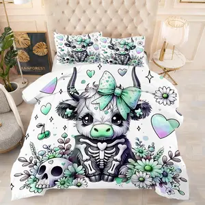 2/3 Piece Set of Highland Cow Design  Comforter Set, Skull Style Bedding Set,  Soft and Comfortable Quilted Bed Cover, Perfect for Adding A Lively Atmosphere to Your Bedroom or Room, Optional With 1 or 2 Pillowcases, Without Pillow Core
