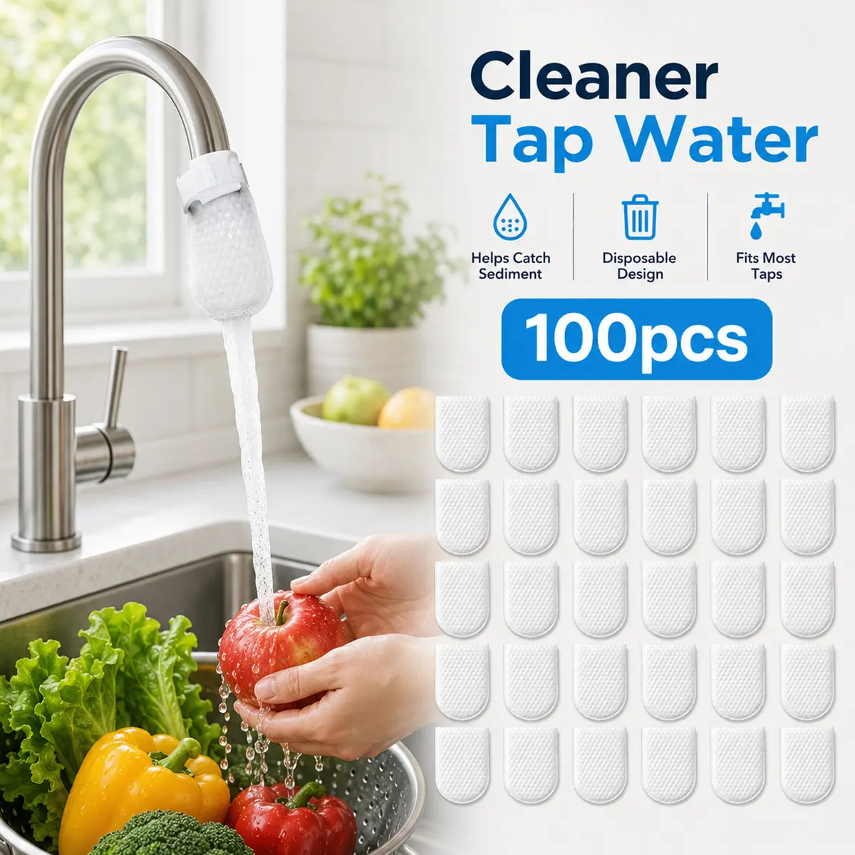 100PCS Generic Faucet Filter Bag, Water Filter Pouch, Universal Sink Strainer Cleaner, Reusable Mesh Filtration Bag, Sink Filter with Practical Design, Tap Filter Bags for Cold & Hot Water, Kitchen Bathroom Water Cleaning Accessory for Home Family Use