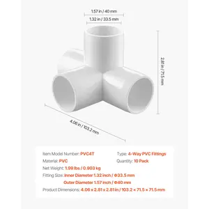 VEVOR 4-Way PVC Fittings, 1-inch PVC Pipe Joints Elbow Connector, 10-Pack Furniture Grade Pipe Corner Connectors for DIY Storage Rack, Animal Cage, Garden Support Frame, Impact Weather-Resistant