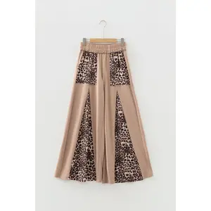 Straw Yellow Mineral Wash Leopard Patchwork Wide Leg Pants