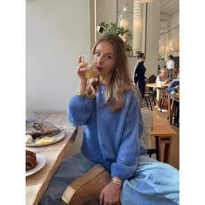 Women’s soft loose knit sweater, blue comfortable casual autumn winter long sleeve pullover, perfect for daily wear