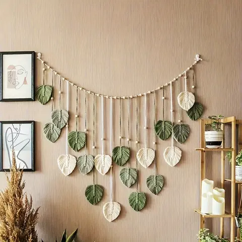 Bohemian Handwoven Leaf Wall Hanging Tapestry - Layered Beige/Fringe with Green Leaves and Beaded Pendants, Horizontal Leaf Design, Ideal for Home Decor, Weddings - Fiber Weaving Craftsmanship, Halloween, Christmas, New Year Gifts