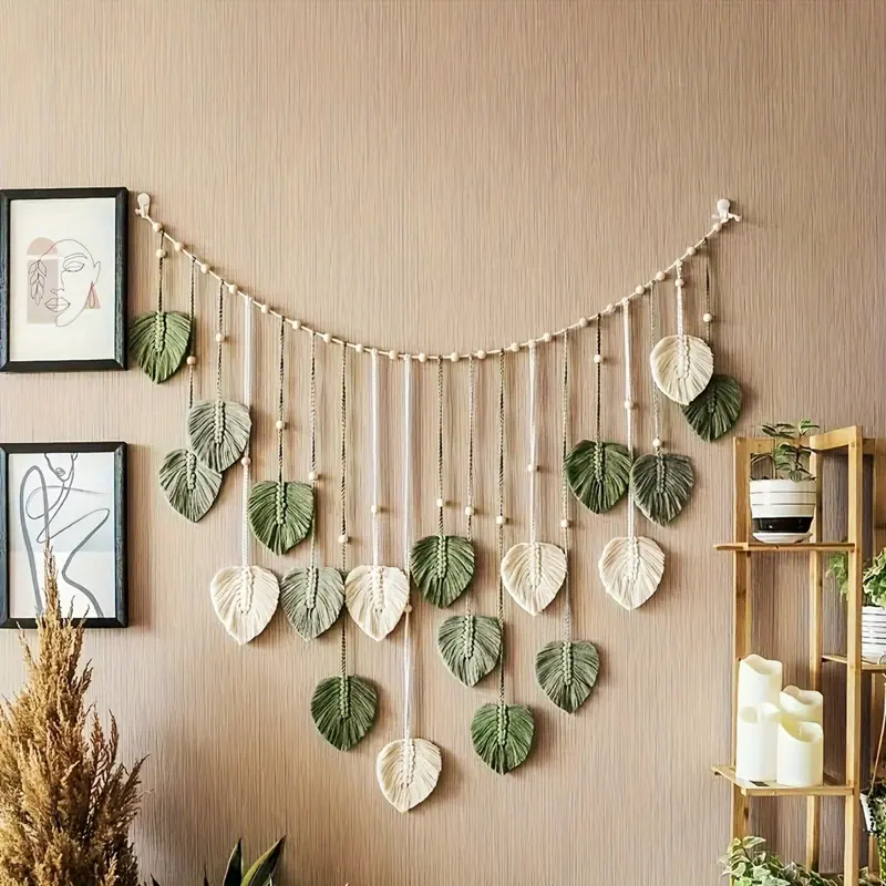 Bohemian Handwoven Leaf Wall Hanging Tapestry - Layered Beige/Fringe with Green Leaves and Beaded Pendants, Horizontal Leaf Design, Ideal for Home Decor, Weddings - Fiber Weaving Craftsmanship, Halloween, Christmas, New Year Gifts