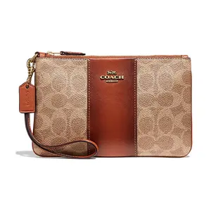 COACH Wristlet 19 Small Handbag for Women – Monogram Metallic Logo Canvas and Leather, Mahjong-Style, Red-Brown