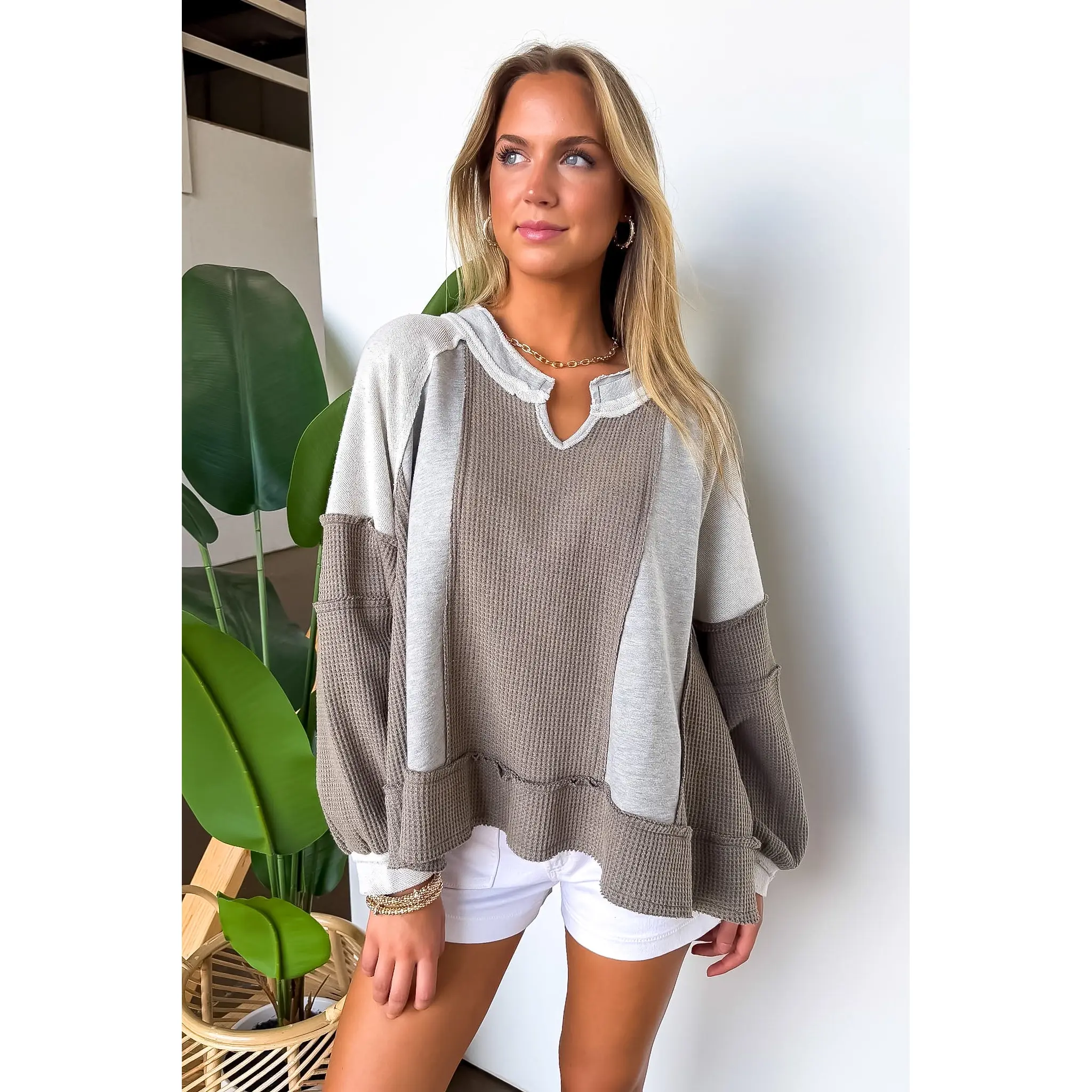 Lisette Notched Neck Contrast Knit Top - BACK IN STOCK