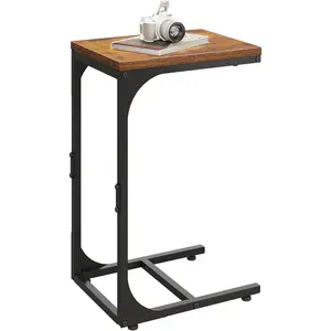 C Shaped End Table, Small Couch Side Tables with Metal Frame That Slide Under, Sofa Table TV Tray for Living Room, Bedroom, Rustic Brown