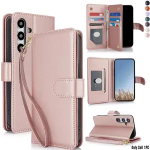 PU Faux Leather Flip Wallet Case For Samsung For Galaxy S25 S24 S23 FE S22 Plus Ultra, Mobile Phone Bag With Wrist Strap Card Slots Stand RFID Blocking Phone Cover