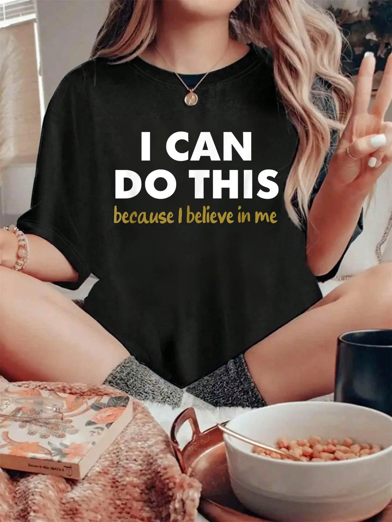 Women's 100% Pure Cotton Casual Style Short-Sleeve Loose-Fitting Tshirt, Digital Print "I Can Do This - Because I Believe in Me" Printed Tee, Machine Washable All-Seasons Top