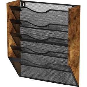 Hanging Wall File Organizer, 5 Pocket Mesh Mail Organizer Wall Mounted with Nametag Label, Wall File Holder for Office Home School, Magazine Rack for Mail Paper Document Organization, Black