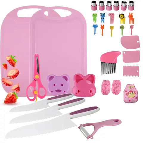 BOBOME 32-Piece Pink Montessori Toddler Kitchen Knife Set - Polypropylene Cutting Board, Real Cooking Play Tools, Sandwich Cutter, Rounded Tips, Unisex Kids Toy for Children Development, Cook with Parents, Christmas Gift for Parents