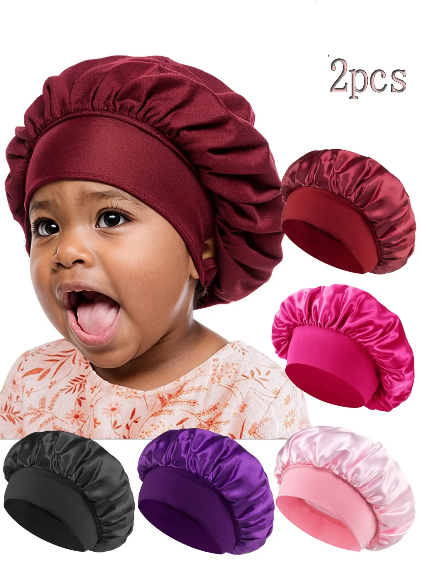 Two-Piece Set Satin Sleep Caps, Sleeping Bonnet for Kids Ages 3-8, Multiple Colors Available, Elastic Silk-Like Material, Soft and Comfortable Baby Hair Protection Hats, Hair Care Cap