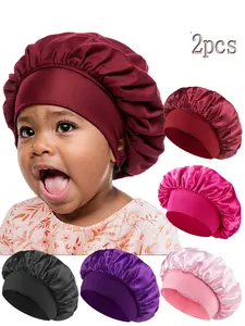 Two-Piece Set Satin Sleep Caps for Kids Ages 3-8, Multiple Colors Available, Elastic Silk-Like Material, Soft and Comfortable Baby Hair Protection Hats