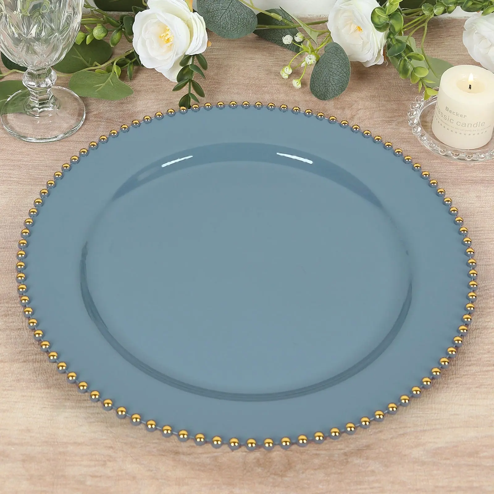 10-Pack Economy Elegant Plastic Charger Plates, 13" Round Dusty Blue with Gold Beaded Rim - Dinner Party Serving Plates, Elegant Plastic Plates