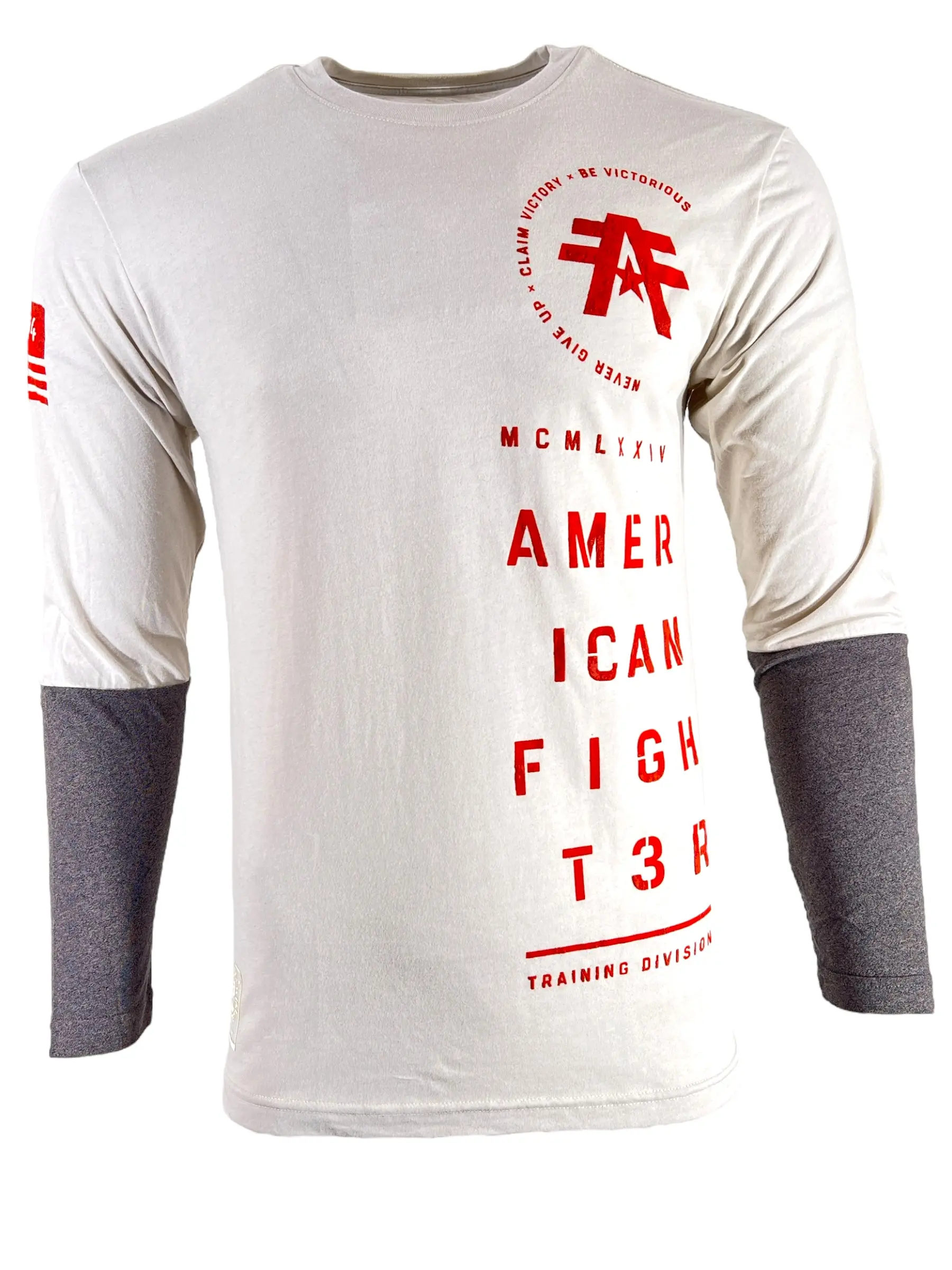 American Fighter Men's Double Stacked Graphic Long Sleeve Tshirt, Relaxed Fit 100% Cotton Biker Top for Casual All Seasons Wear, Round Neck, Graphic Print, Streetwear, Long Sleeve Tee, Stacked Print, Clothes, Cold Wash, Loose-Fitting, Pull-On Closure, Str