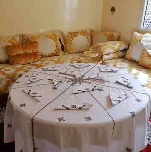 Moroccan tablecloth embroidered complete set, multi-color round Cloth & 12 Napkins