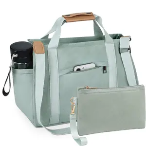 2Pcs Set Women's Canvas Tote Bag Casual Slouchy Crossbody Hobo Shoulder Messenger with Zipper Large Capacity Multi Pockets Fits 14″ Laptop Work School College Travel Shopping Lightweight Cross Body Purse Handbag EverydayBag Bags Teacher Nurse aesthetic