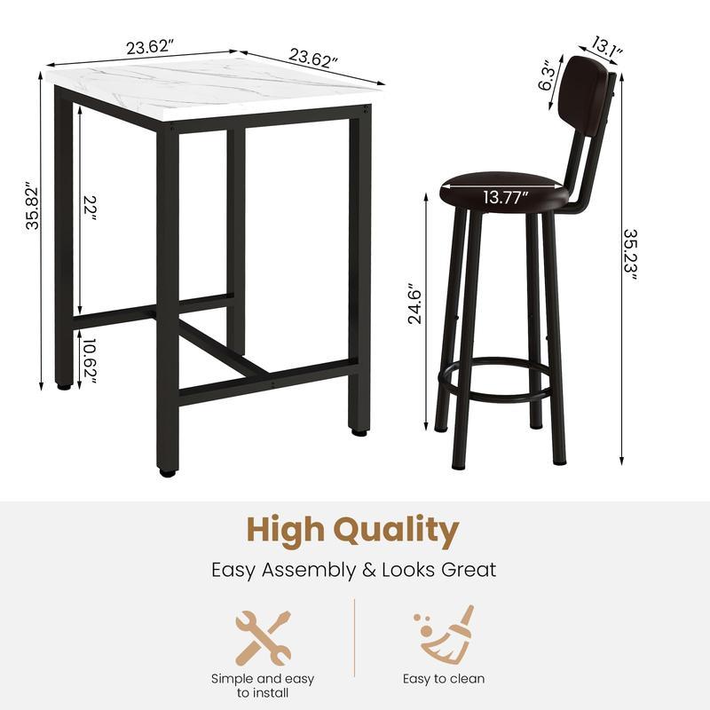 Lamerge Dining Table Set for 2, 24" Square Kitchen Table and Chairs Set with MDF Tabletop & 2 PU Leather Chairs, Bar Table Pub Table Set for Small Space Bar Kitchen Living Room Apartment