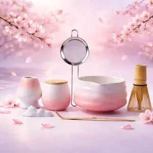Matcha Whisk Set with Tea Caddy, Pink 8 Pcs Matcha Kit Includes Bowl with Spout, Whisk & Holder, Ceramic Tea Caddy, Bamboo Scoop & Rest, Sifter, Tea Towel, Gift for Tea Lovers