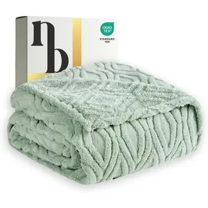 The Seacliff   Size 90x90, Palm Sage Green - Lightweight Soft Fleece Bed , Breathable  Season for Bed or Couch, Coastal Wave Texture