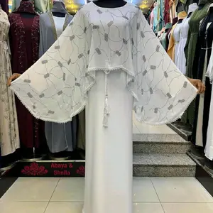 Abaya & Sheila White Abaya with Elegant Embroidery and Tassel Detailing for Women