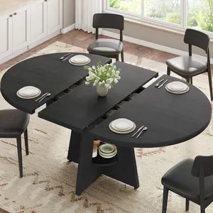 43''–59'' Extendable Dining Table, Round Kitchen Dining Room Dinner Table with for 4 6 8 People, Space Saving Modern Oval Expandale Furniture with Storage and Pedestal for Kitchen Living Room (Black)