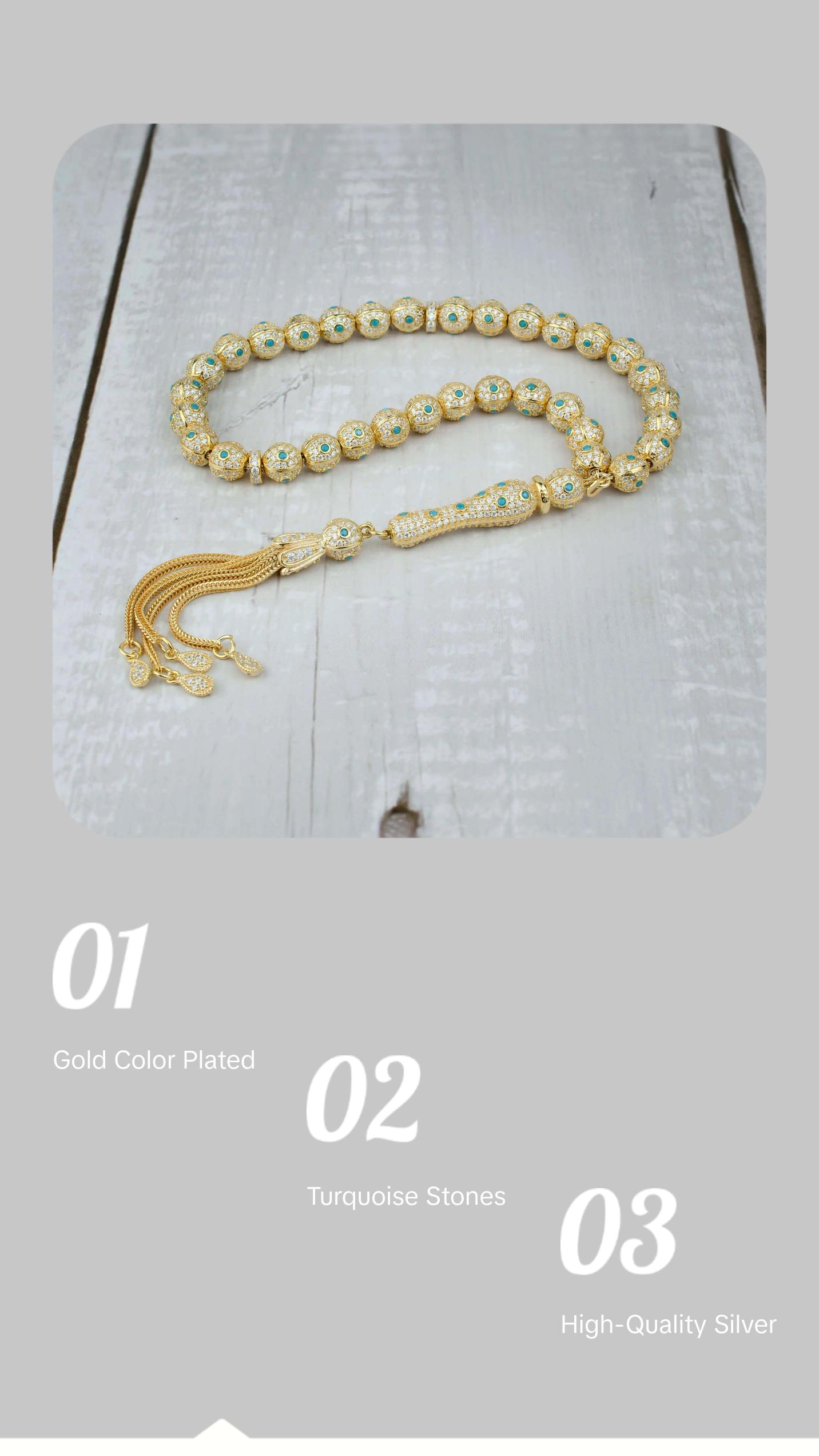 Gold Plated Sterling Silver Turquoise Zirconia Tasbih Muslim Prayer Round Worry Beads