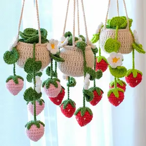 Handmade Crochet Strawberry Hanging Plant Pot Decor Window Car Mirror